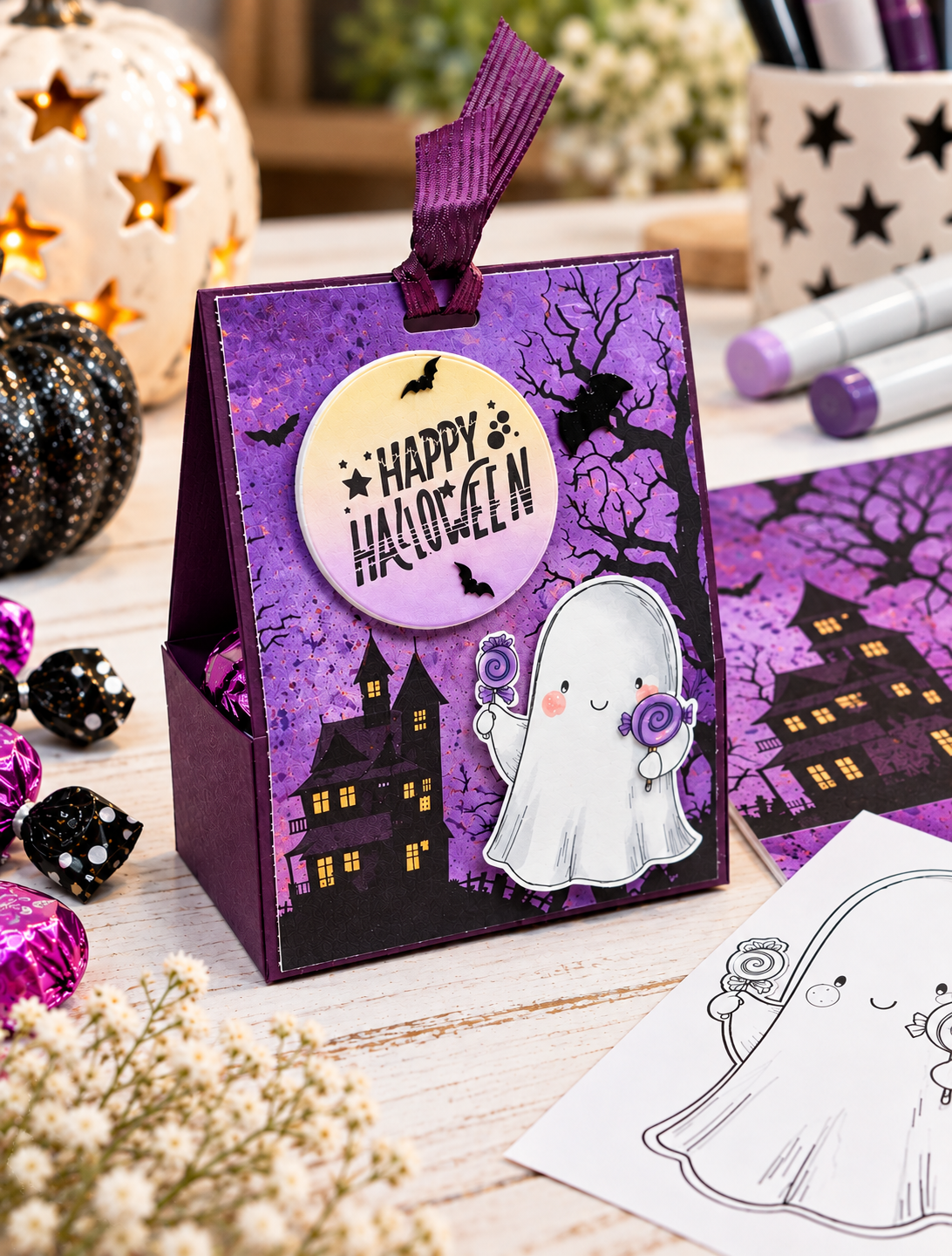 Purple cardstock Halloween treat holder featuring a coloured ghost, haunted house background and dimensional moon sentiment.