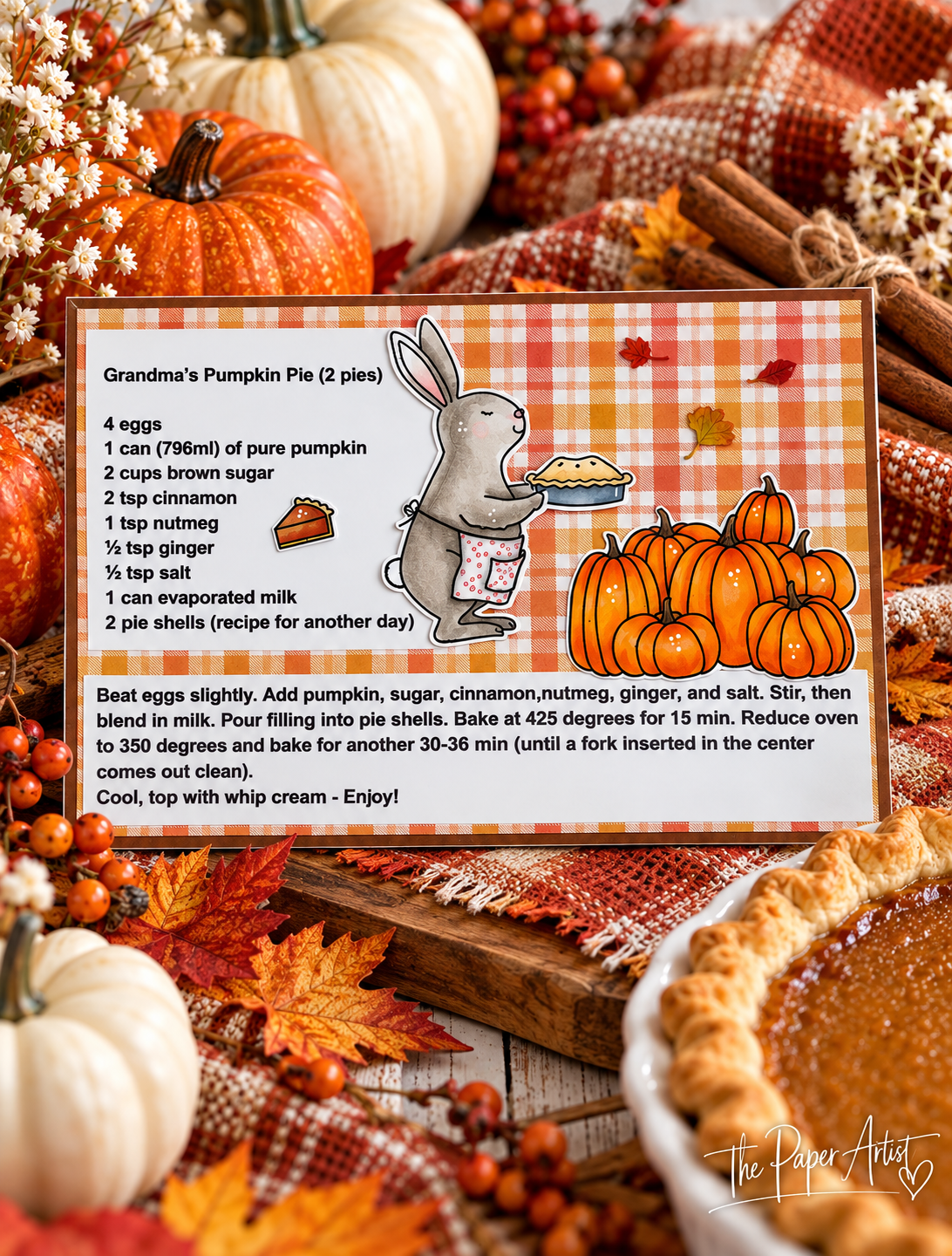 Handmade 4×6 pumpkin pie recipe card featuring Lawn Fawn plaid paper and Creative Expressions stamped fall images.