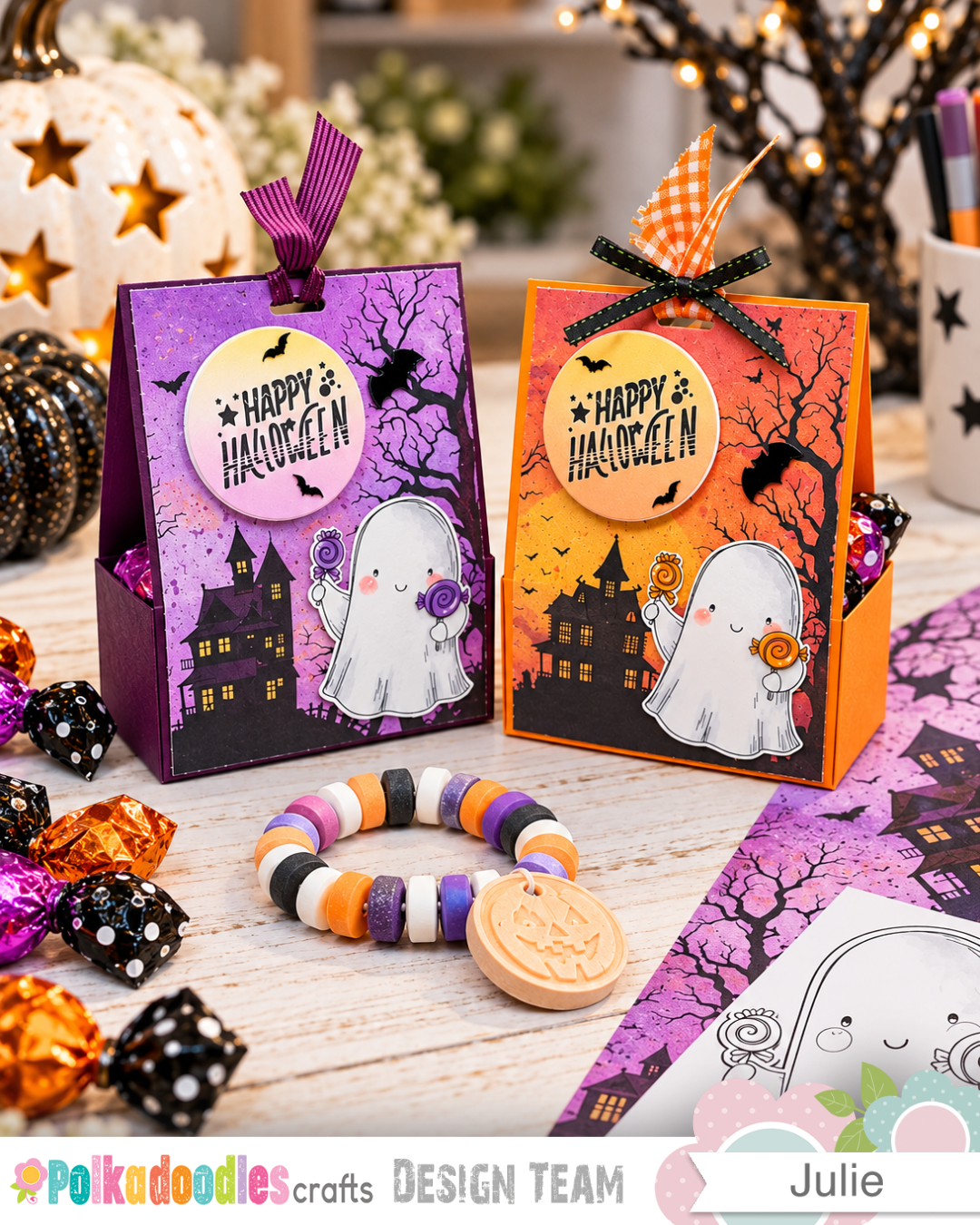 Two handmade Halloween treat boxes decorated with Polkadoodles ghost images, spooky backgrounds and ribbon closures.