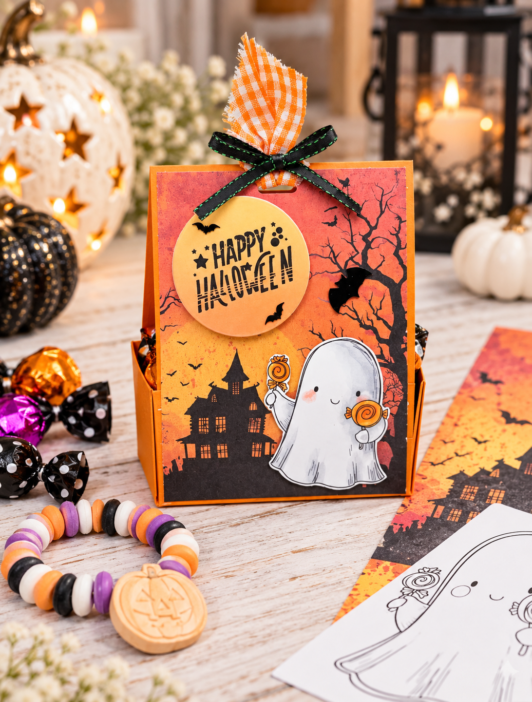 Side view of a handmade Halloween treat holder showing the folded cardstock construction and treat pocket.