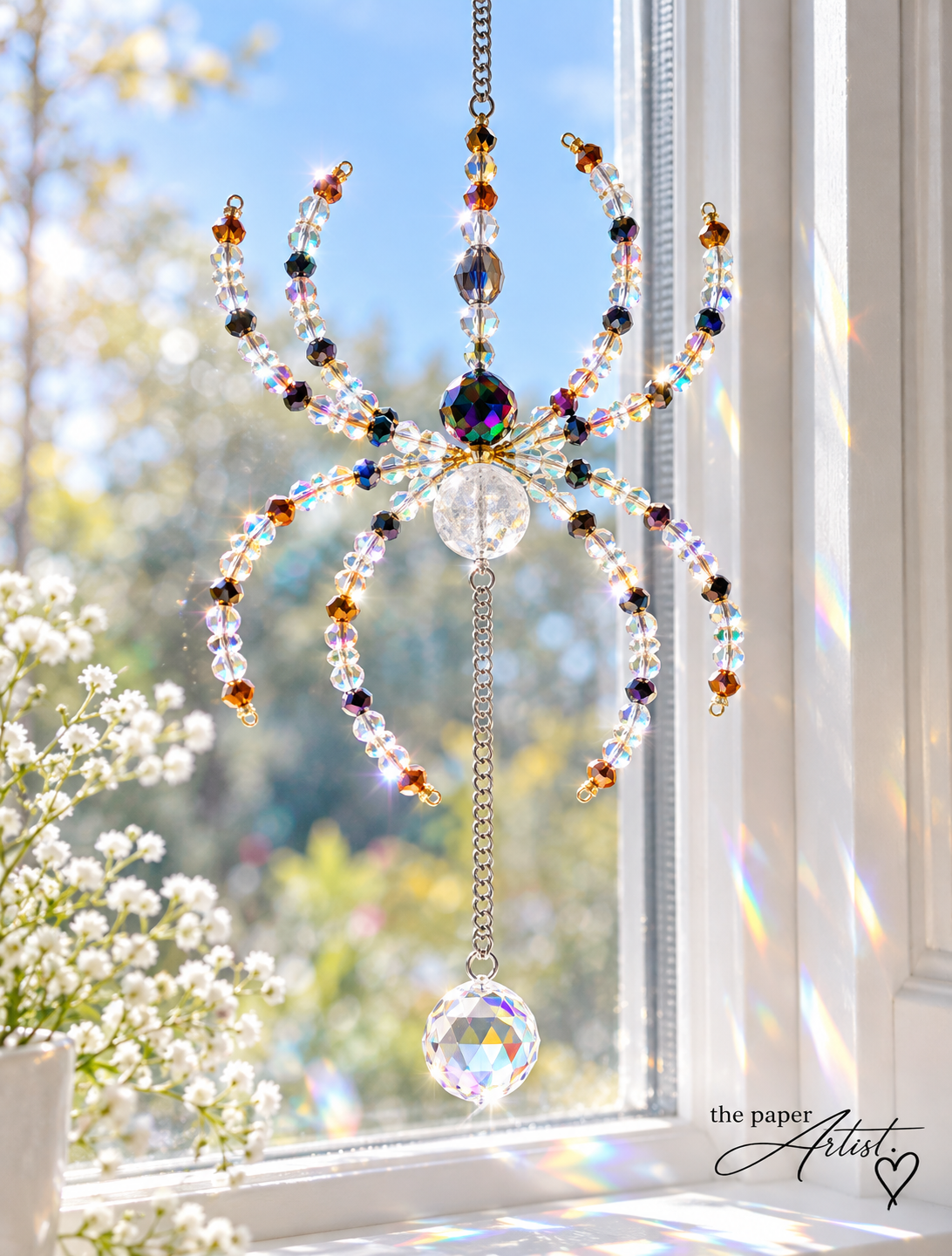 Handmade beaded spider suncatchers for Halloween window decorations black