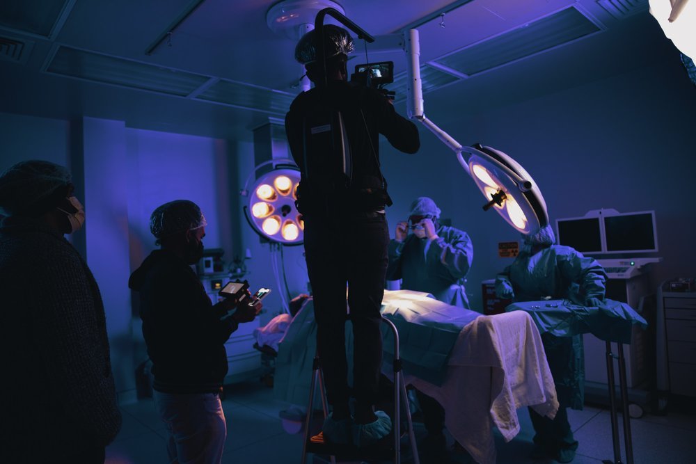 The Mwendo team using an easrig and a small lift to film for BridgePoint Healthcare brand anthem.