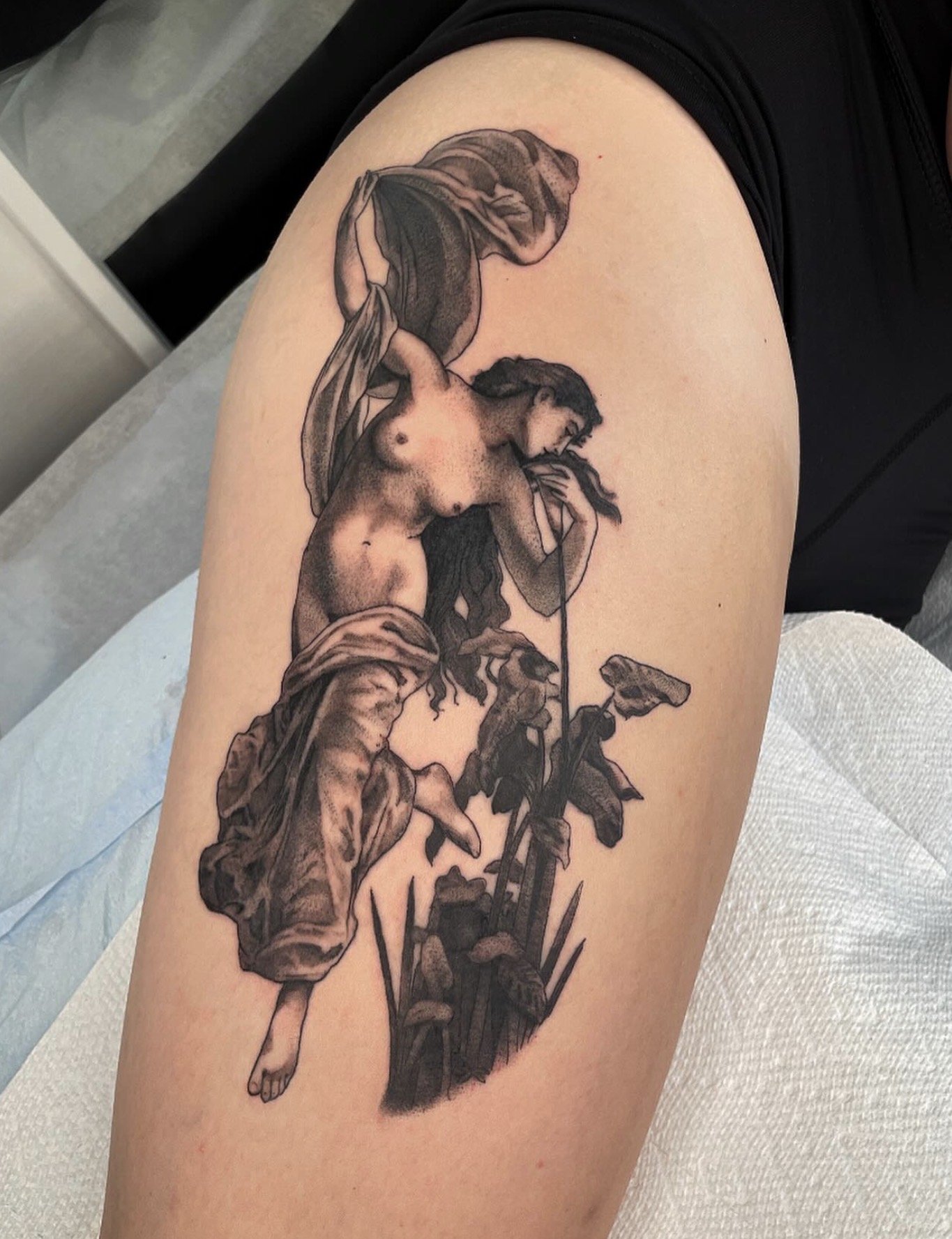Black and gray realism tattoo of a William-Adolphe Bouguereau painting. Philadelphia