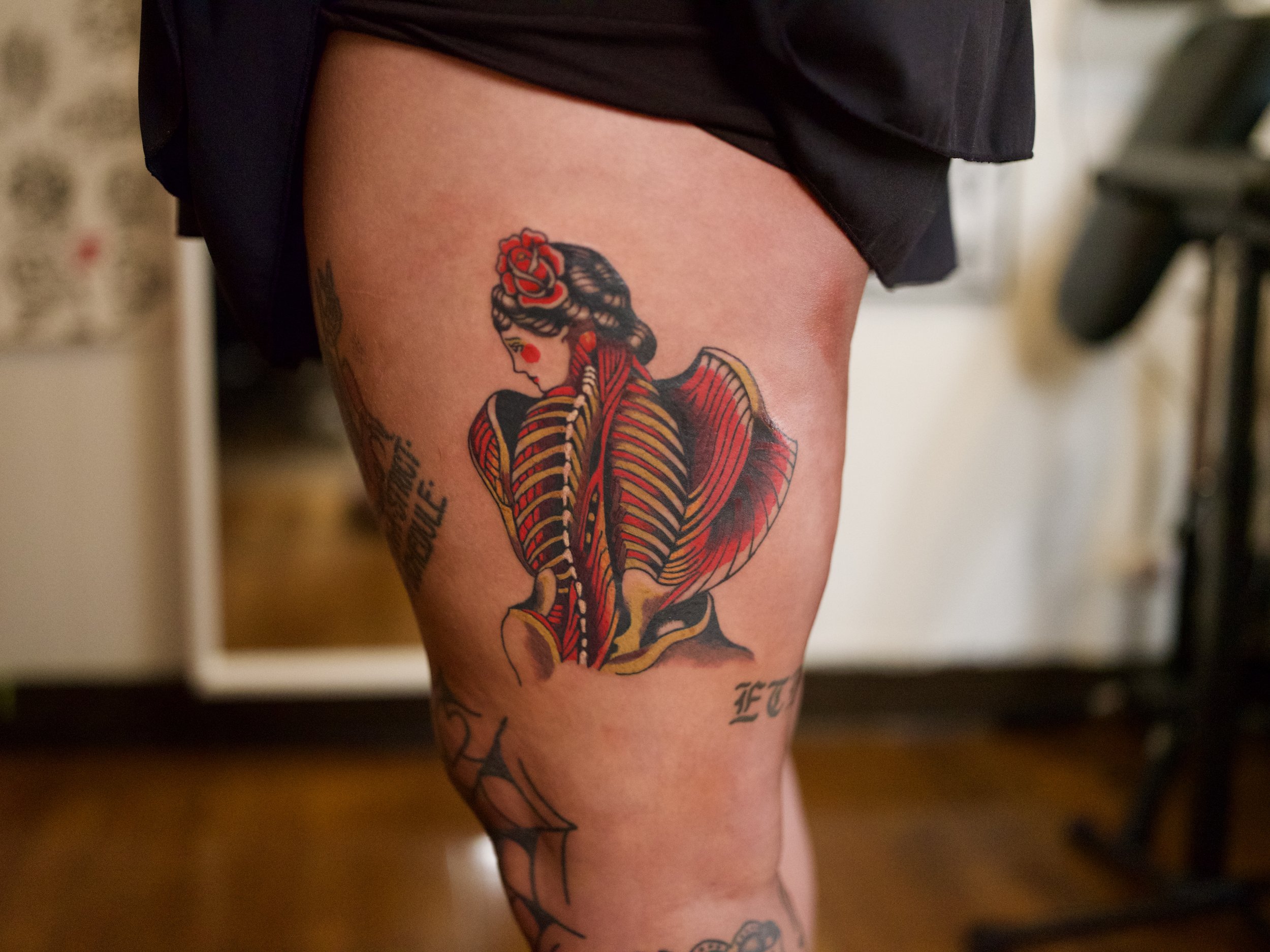 Tattoo of a flayed angel, modeled after a vintage illustration circa 1850s. William-Adolphe Bouguereau