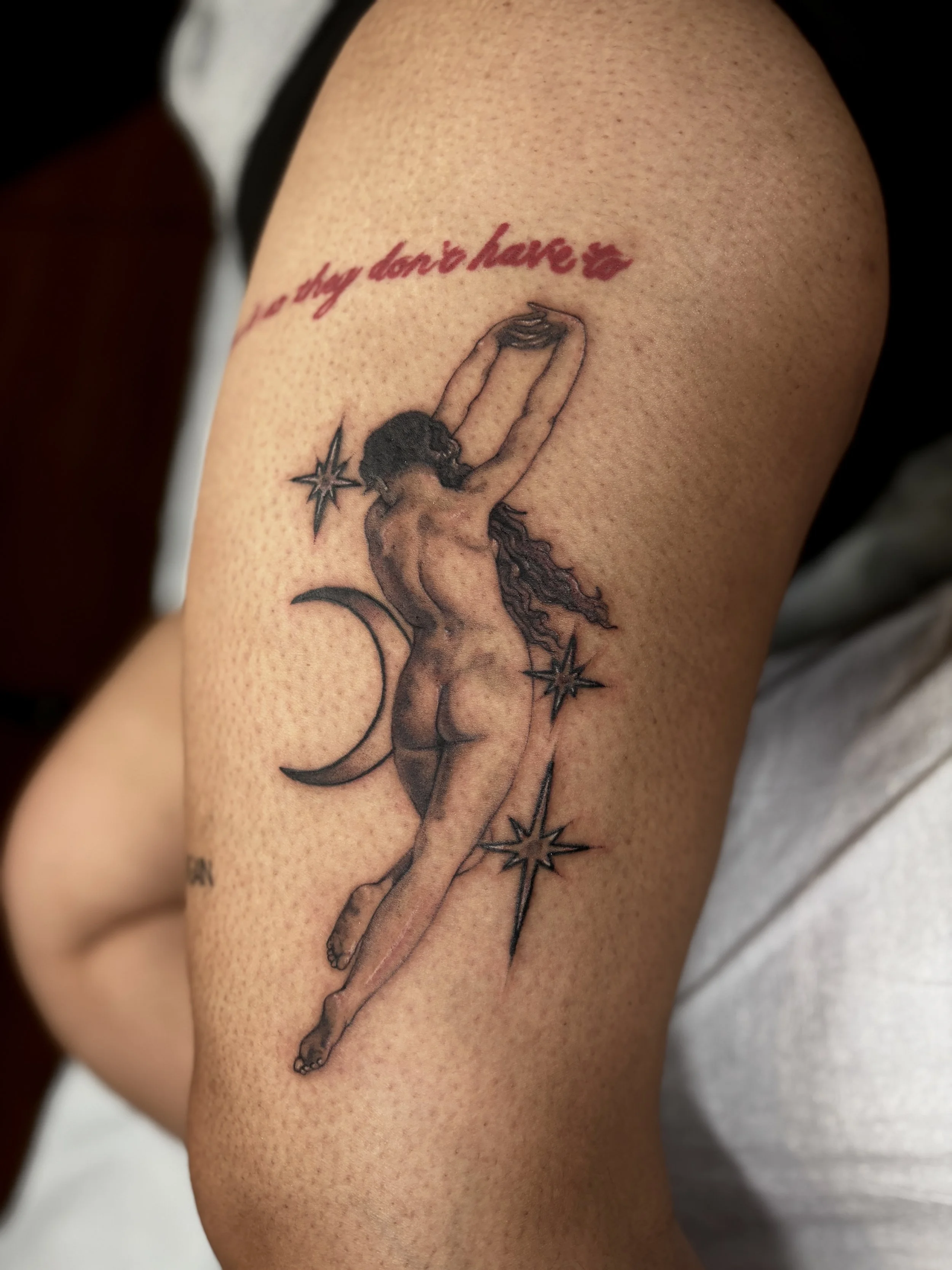 Tattoo of a William-Adolphe Bouguereau paitning, black and gray realism. William-Adolphe Bouguereau