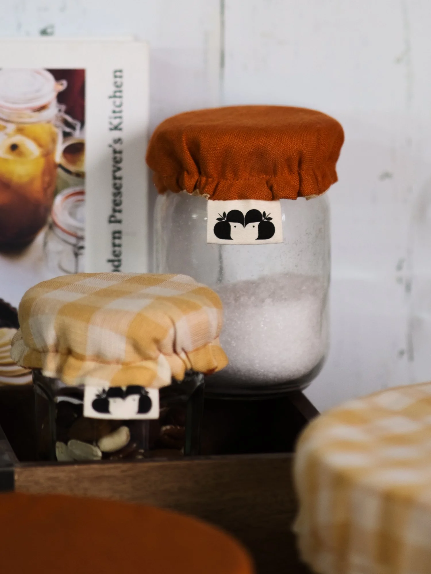 Reusable linen bowl covers in gingham cottagecore style