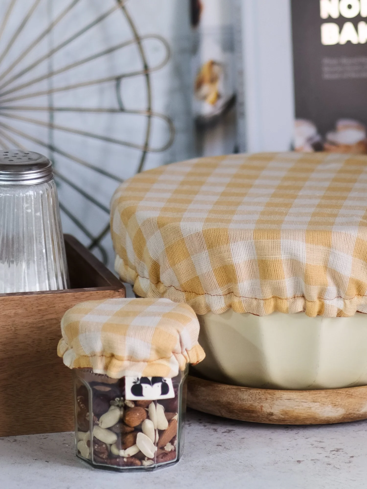 Reusable linen bowl covers in gingham cottagecore style
