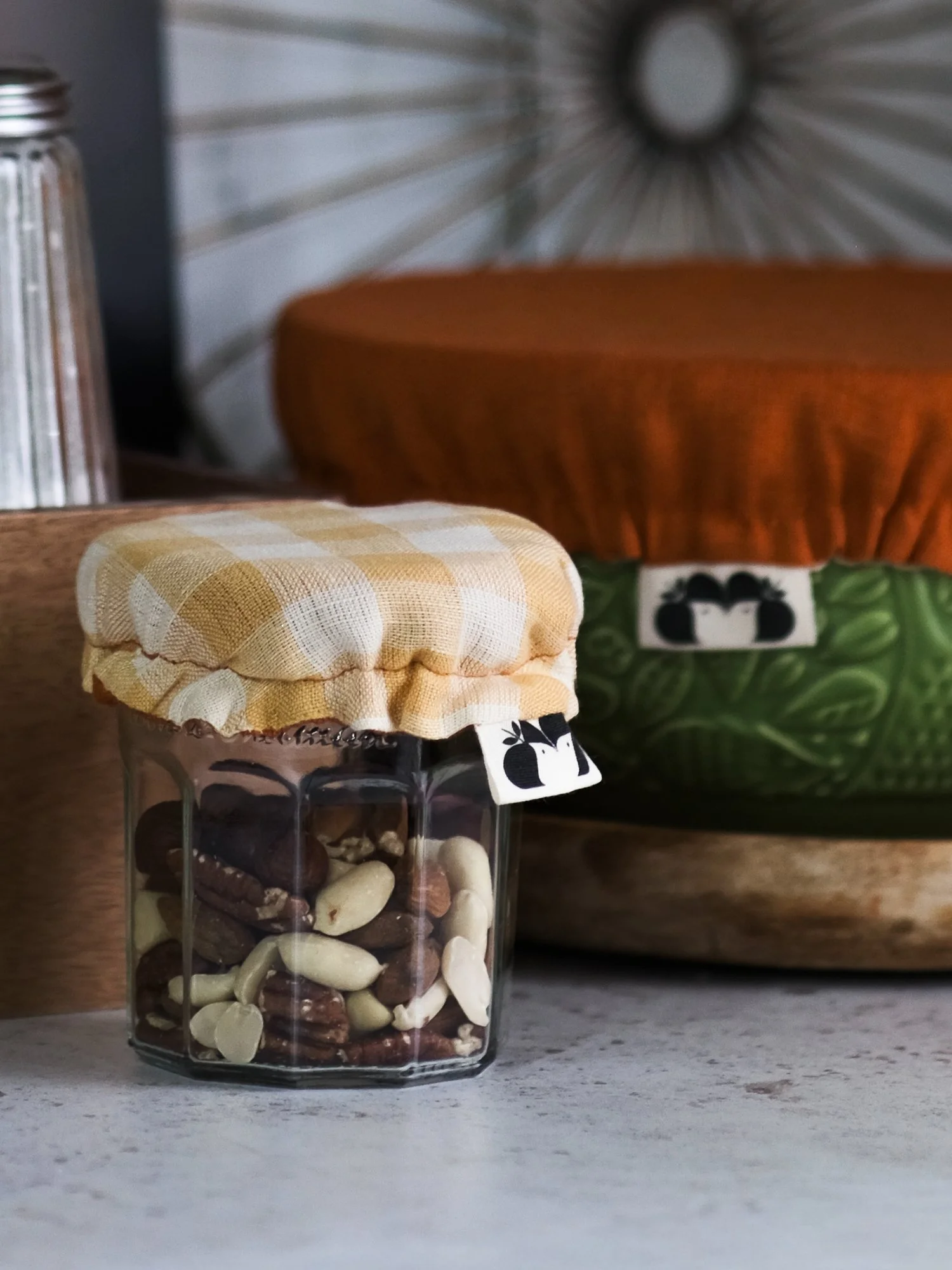 Reusable linen bowl covers in gingham cottagecore style