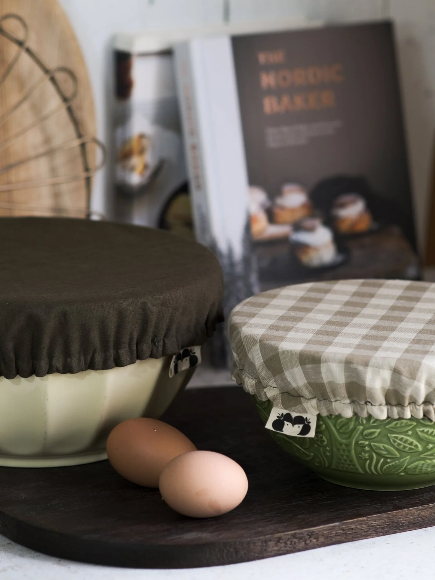 Set of Two Reusable Linen Bowl Covers  - Gingham Green