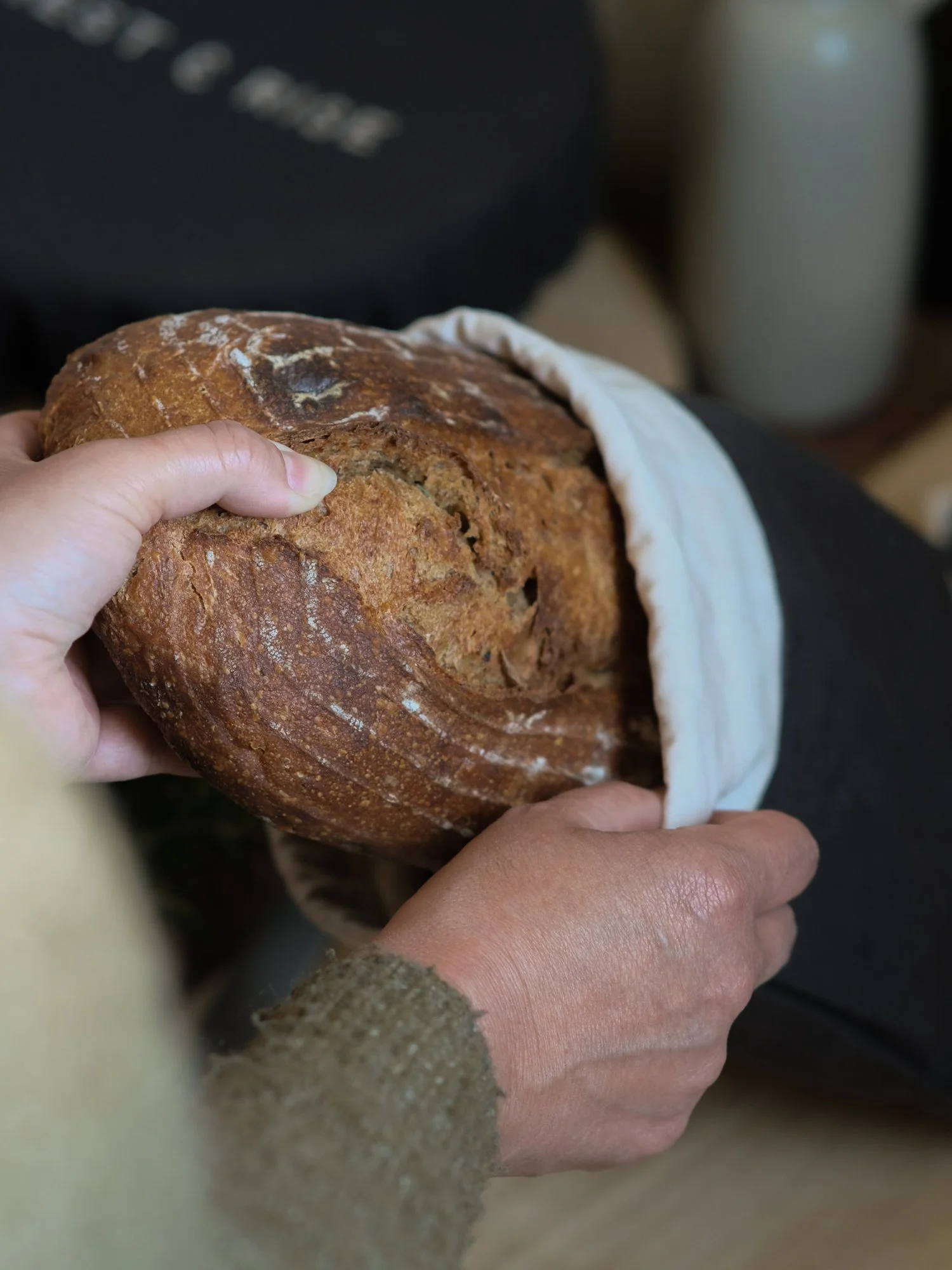 Reusable linen bread bag for storing fresh sourdough