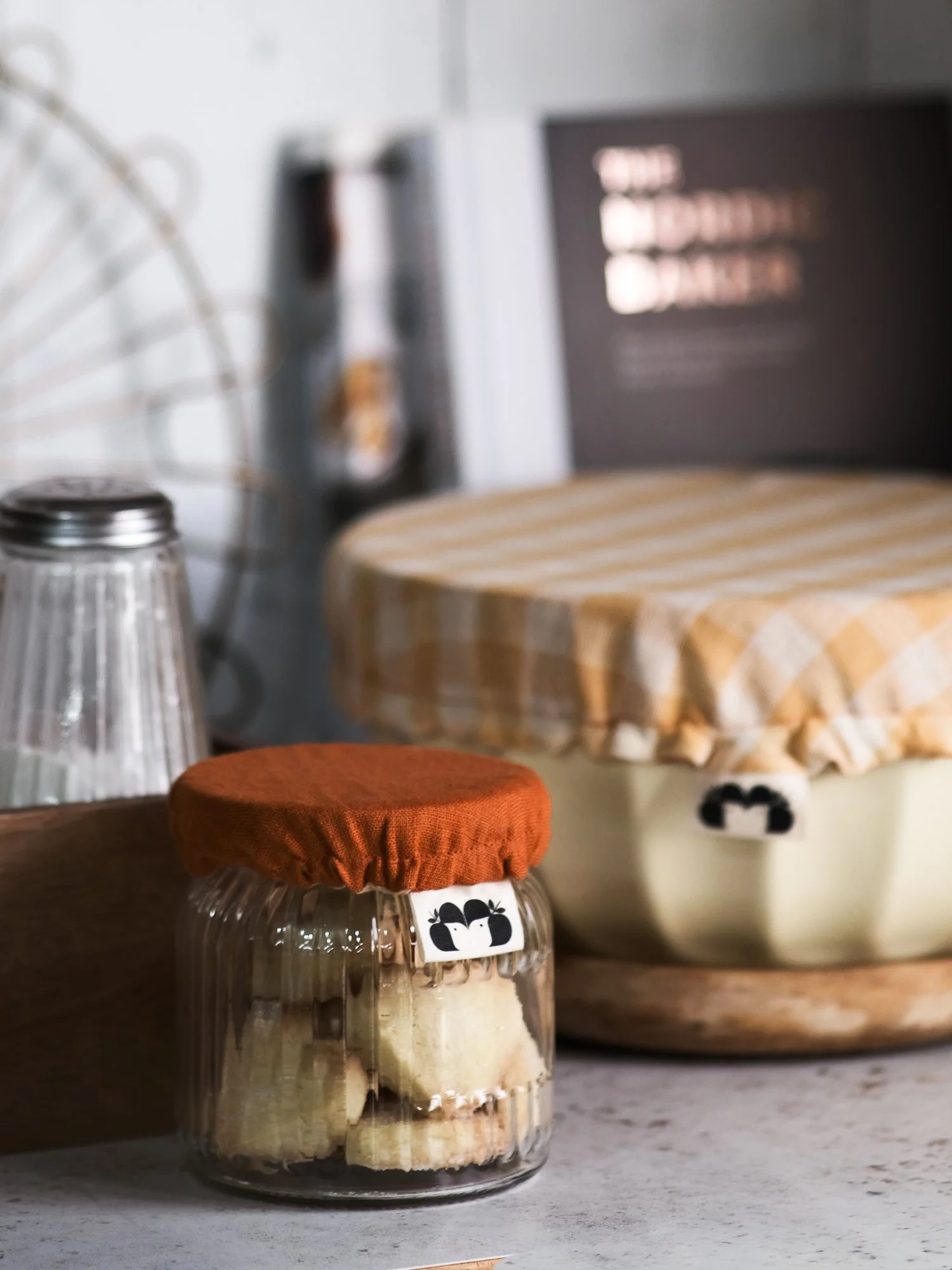 Reusable linen bowl covers in gingham cottagecore style