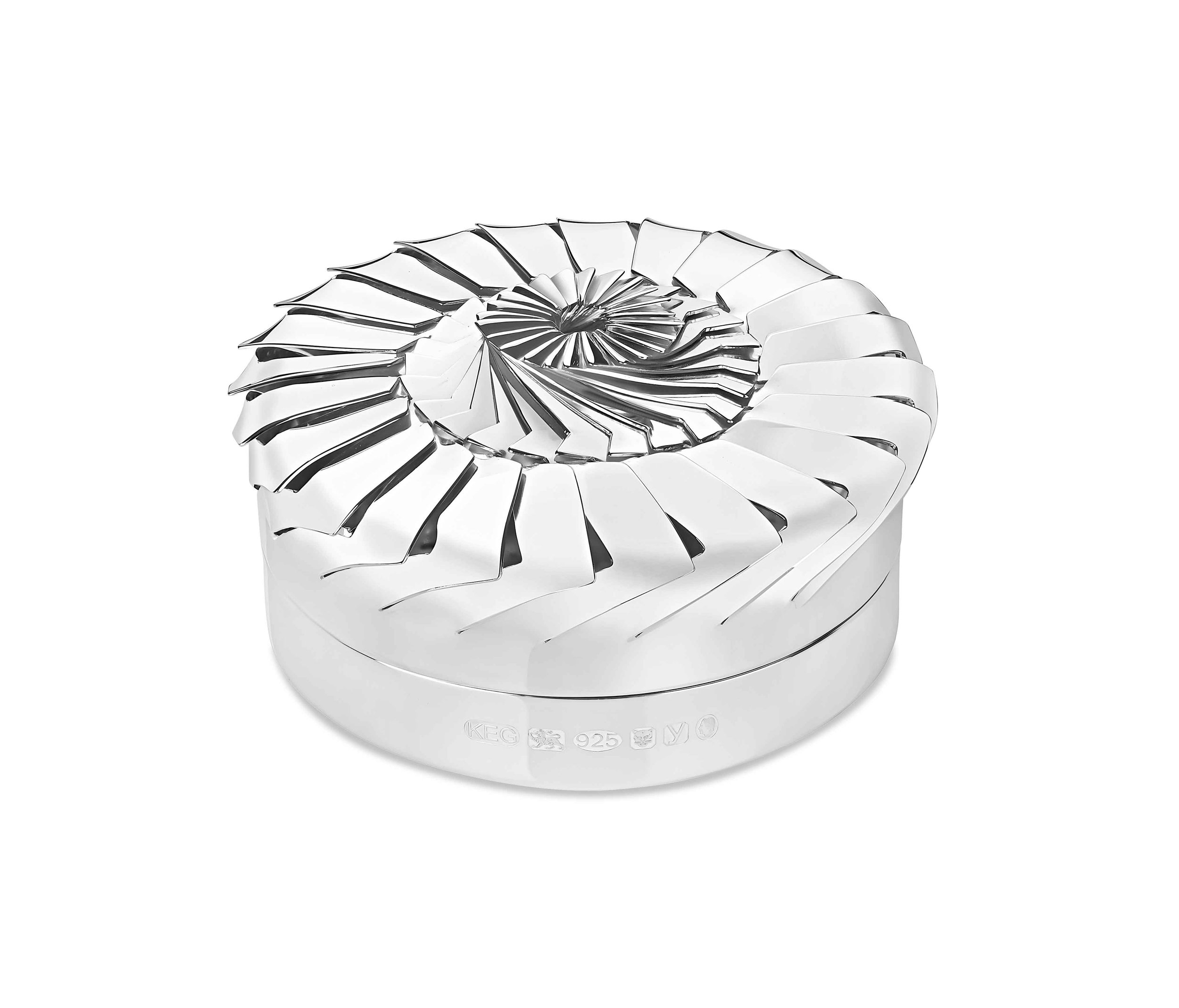 Silver spiral design box with intricate pattern on lid.