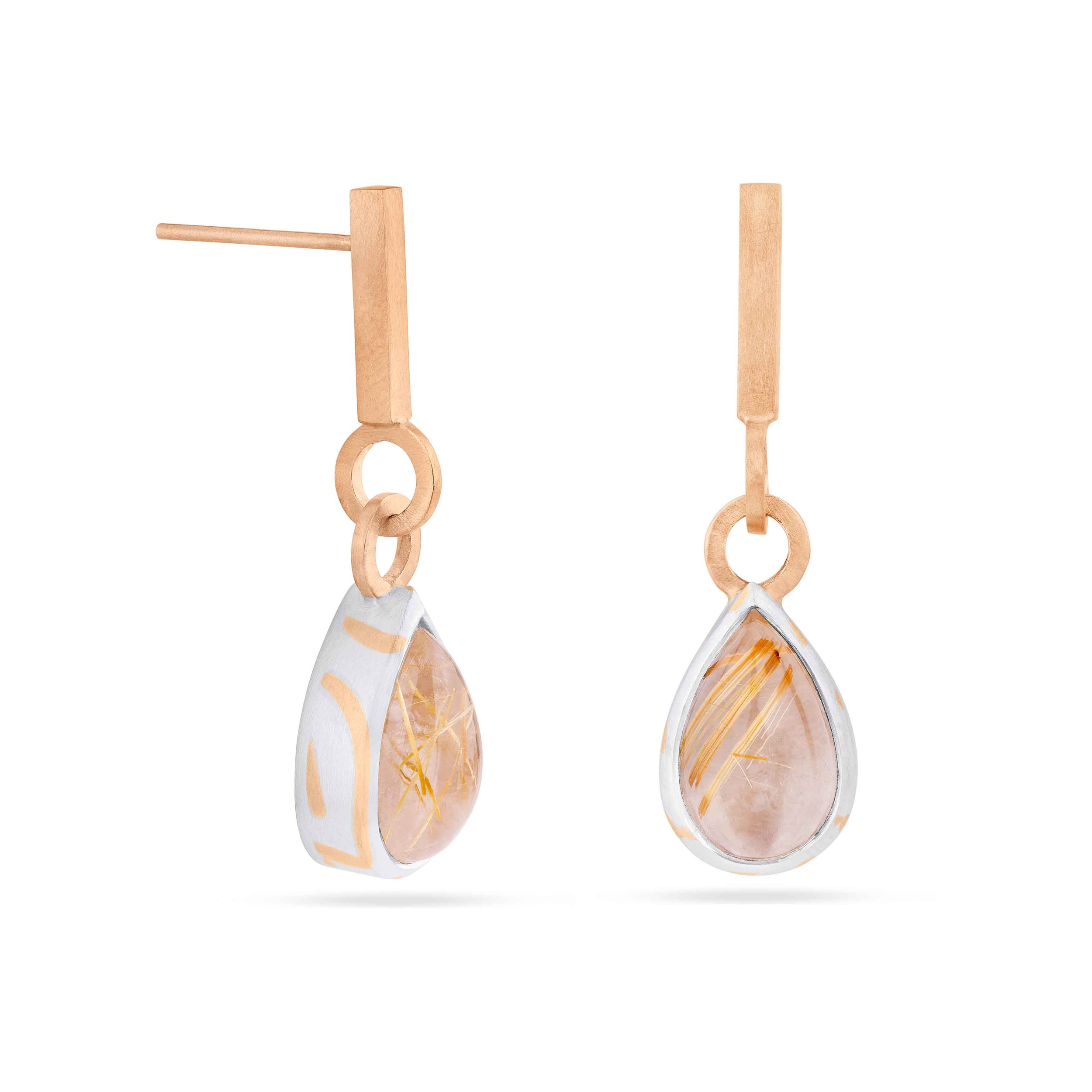 Gold and silver teardrop earrings with rutilated quartz