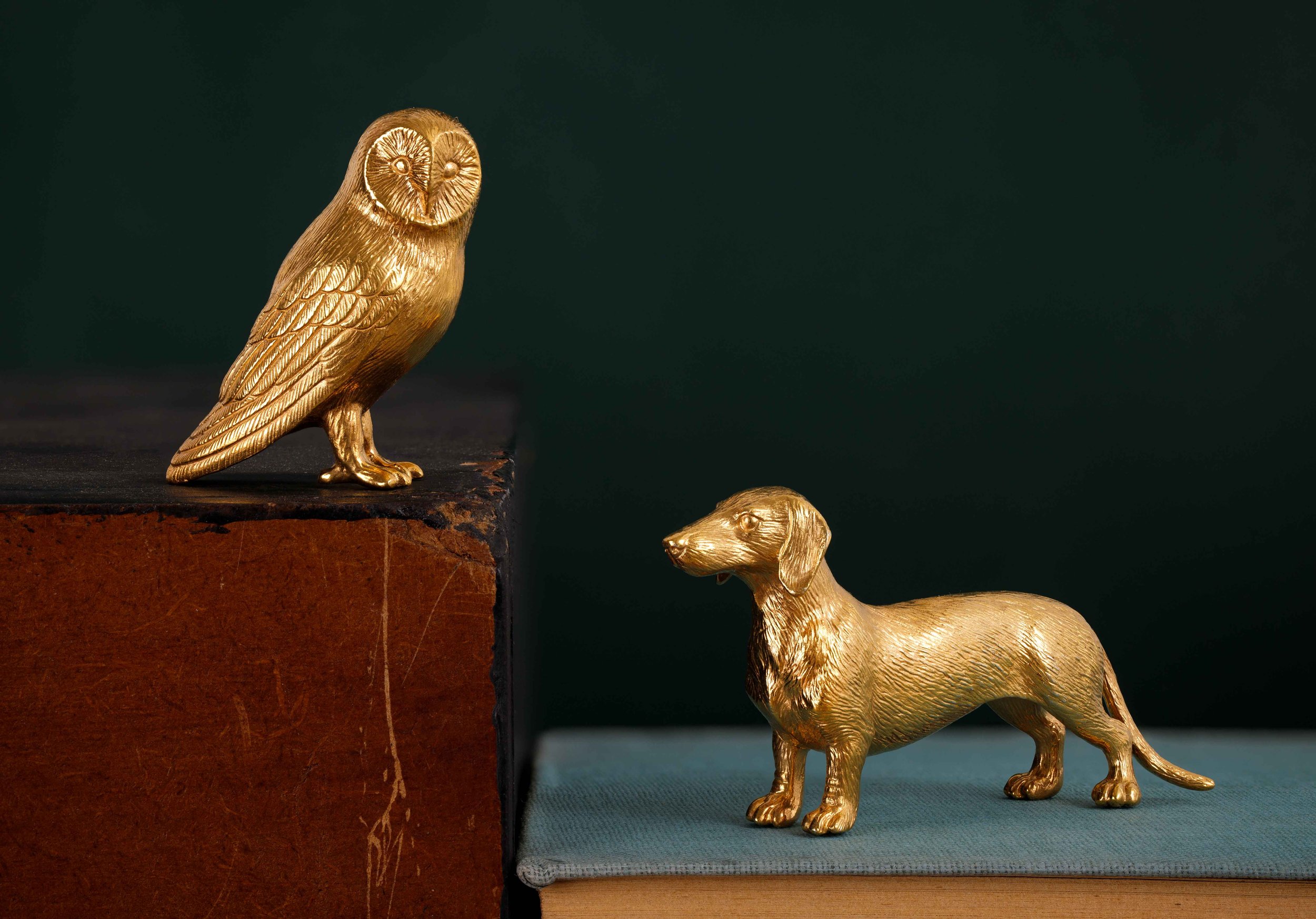 Golden owl and dachshund figurines on books