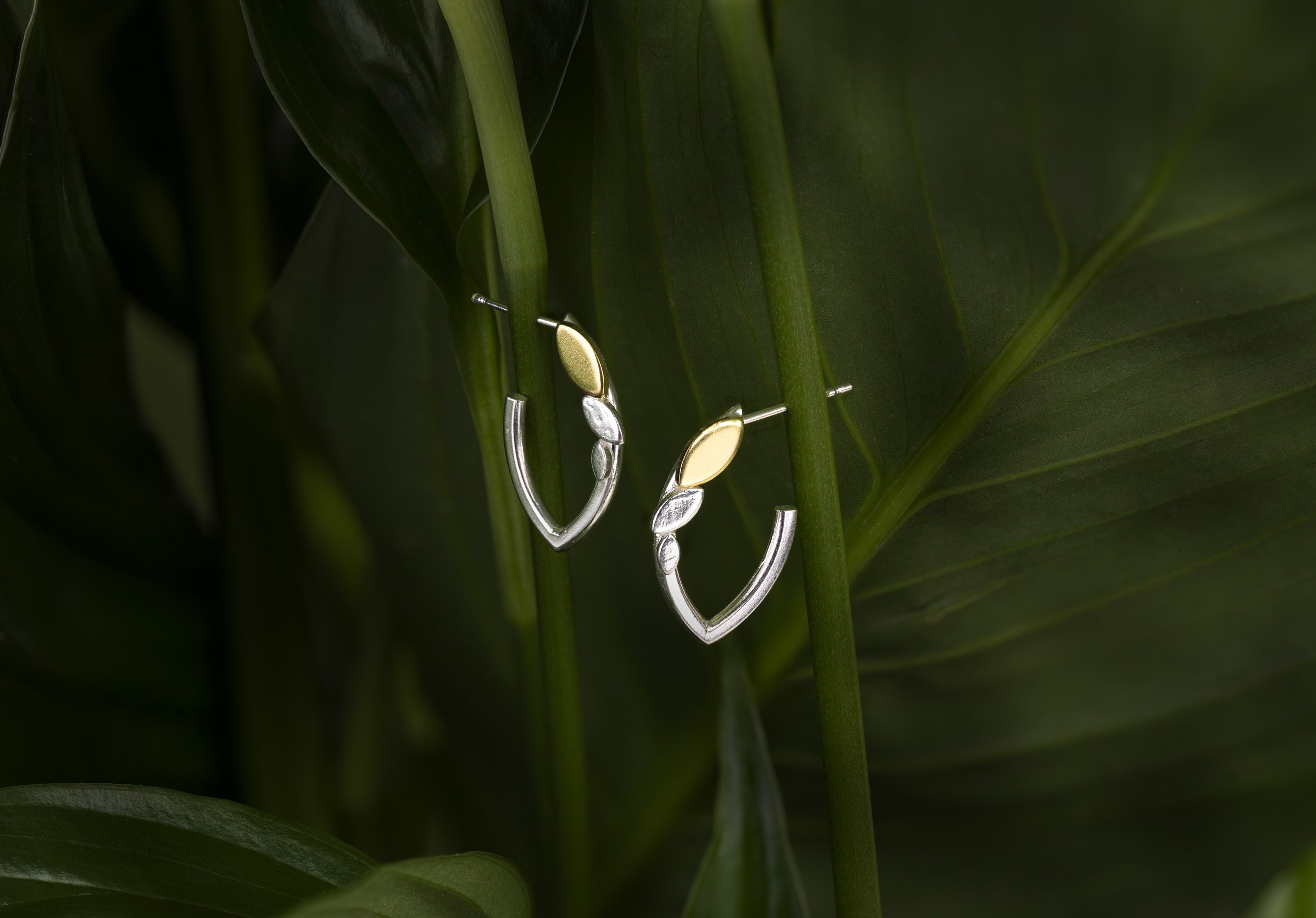 Silver and gold hoop earrings with leaf design, styled against large green leaves.