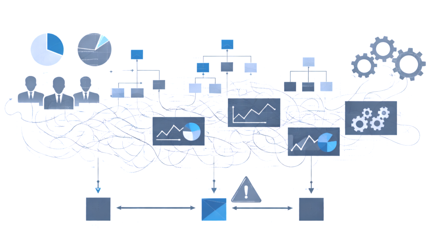 Diagram with charts, human icons, flowcharts, gears and arrows representing data analysis or process flow.
