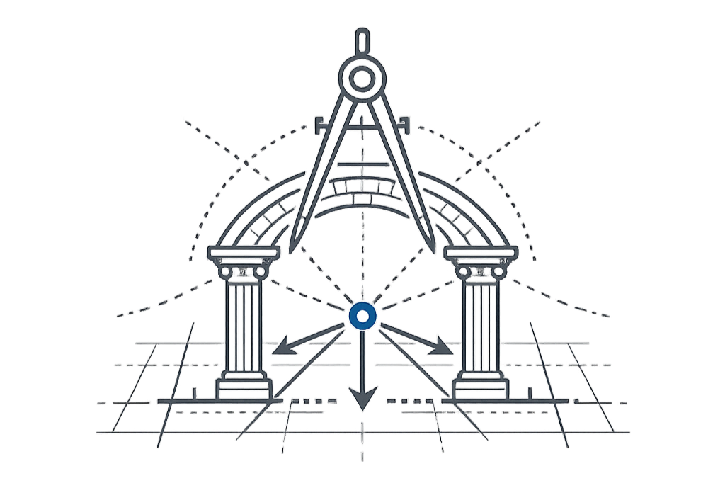Technical drawing of a compass, architectural columns, and grid lines indicating drafting or engineering design.