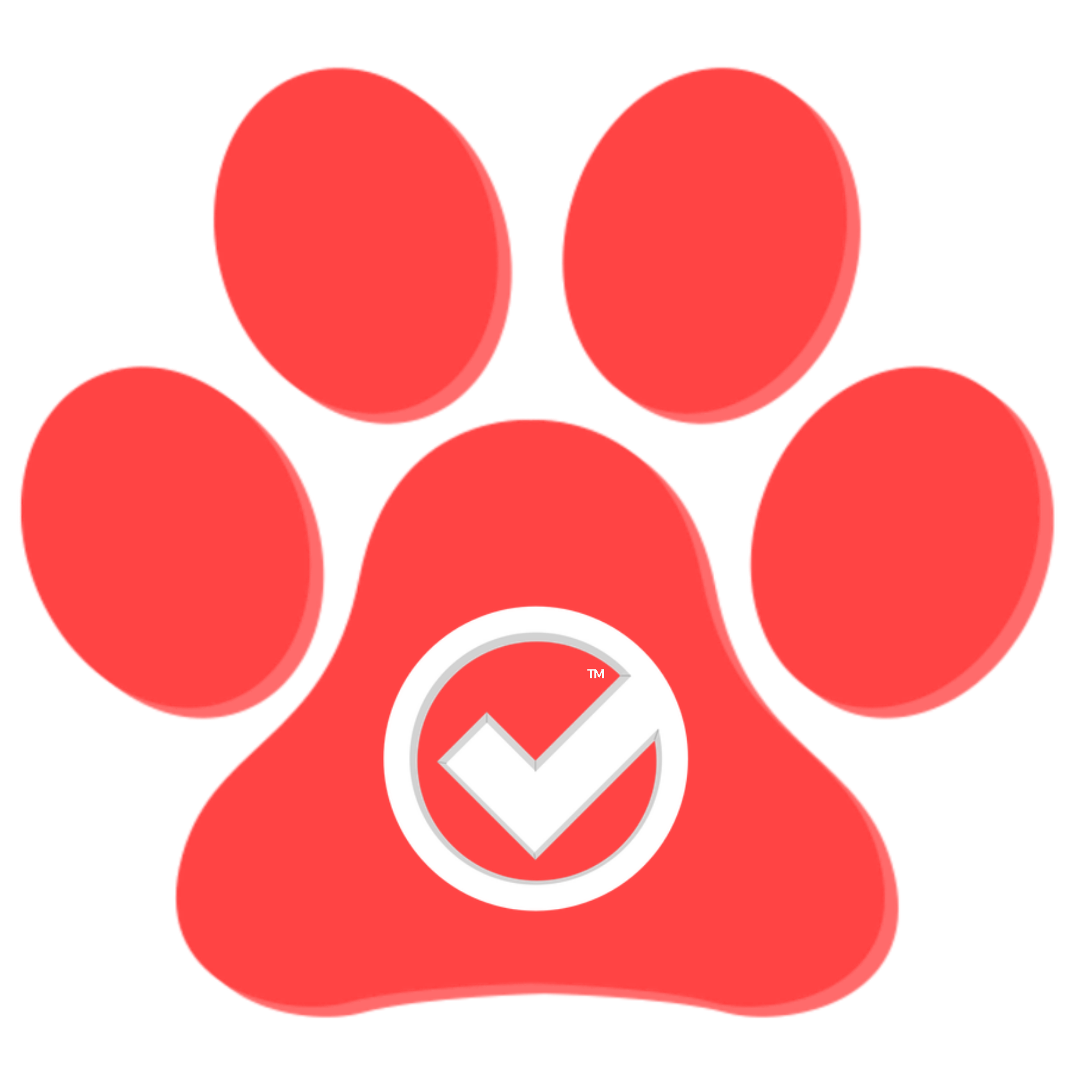 Red paw print logo with a white check mark inside a gray circle in the center