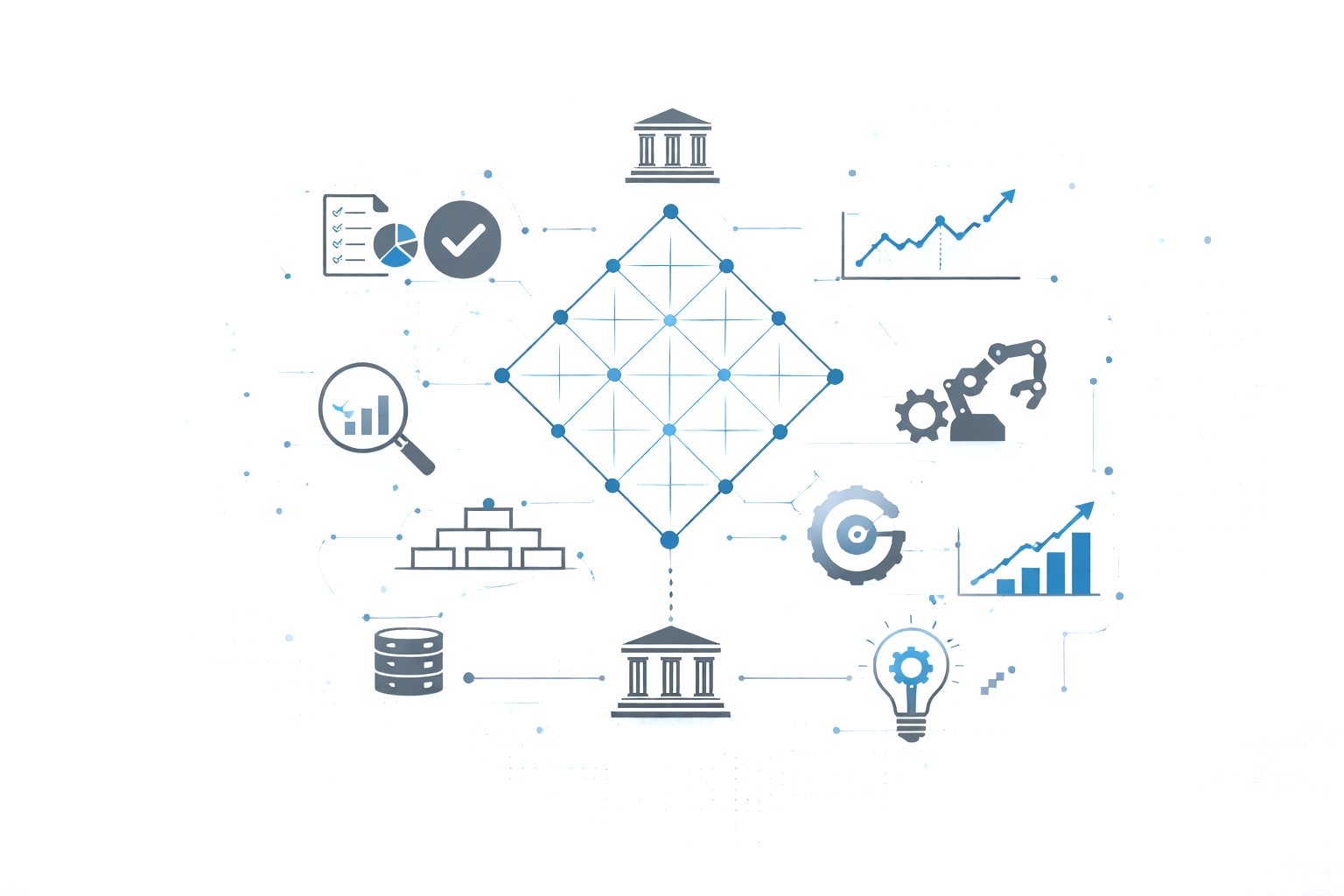 Digital network with icons representing data analysis, charts, gears, robotic arm, and institutions.