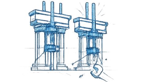 A detailed digital drawing of a factory or industrial plant with two large towers emitting steam or smoke, set against a dark background with blue tones.