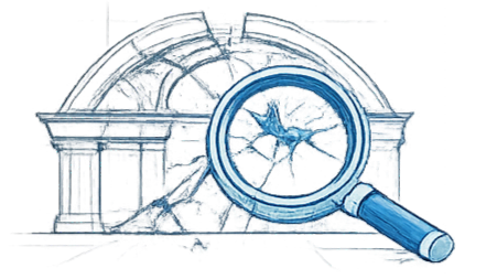 A digital drawing of a classical building facade with columns, a large clock, and a magnifying glass highlighting the clock, all in blue tones.