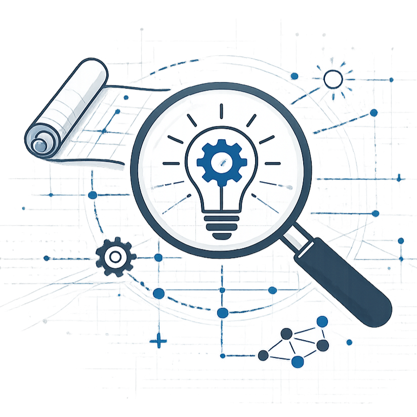 Graphic illustrating search and idea generation with a magnifying glass focusing on a light bulb with a gear inside, surrounded by interconnected molecular structures and a rolled-up document.
