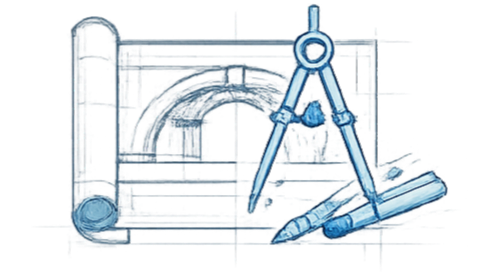 Technical drawing of drafting tools including a compass, ruler, and mechanical pencil on graph paper.