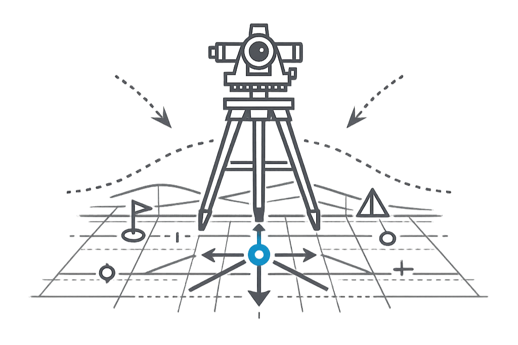 Line drawing of a surveying instrument on a tripod with measurement tools.