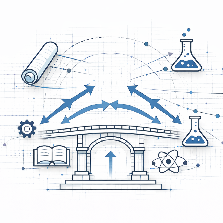 Scientific diagram illustrating research process with icons of test tubes, a rolled-up paper, an open book, a gear, an atom model, and arrows indicating movement or flow.