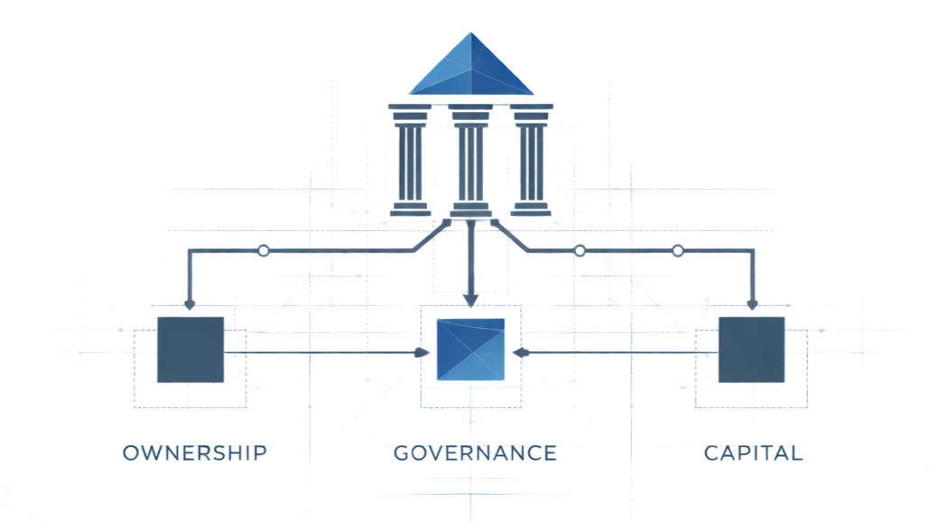 A diagram of a building with three pillars at the top, labeled 'Ownership,' 'Governance,' and 'Capital,' illustrating the relationship between these concepts.