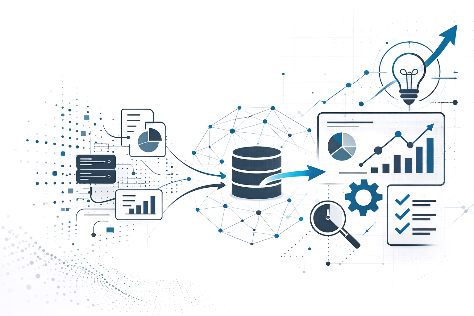 Abstract data visualization concept with icons representing data analysis, database, charts, pie graphs, line graphs, a gear, checklists, a magnifying glass, a light bulb, and upward trending arrows, interconnected by lines and dots.