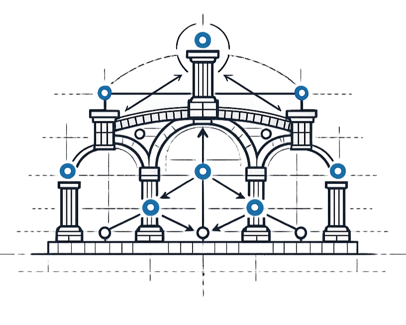 Diagram of a complex mechanical structure with labeled parts, including pillars, arches, and spheres, illustrating the design of a historical or architectural element.