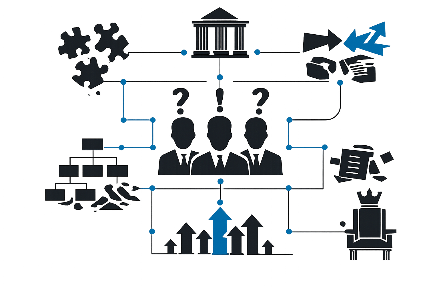 Graphic illustrating teamwork and decision-making with silhouettes of three people, question marks, gears, a courthouse, arrows pointing upward, and a crown, symbolizing strategic planning and leadership.