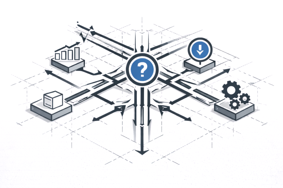 A flowchart diagram with a question mark at the center, branching out to eight icons representing growth, download, gears, and various other process symbols.