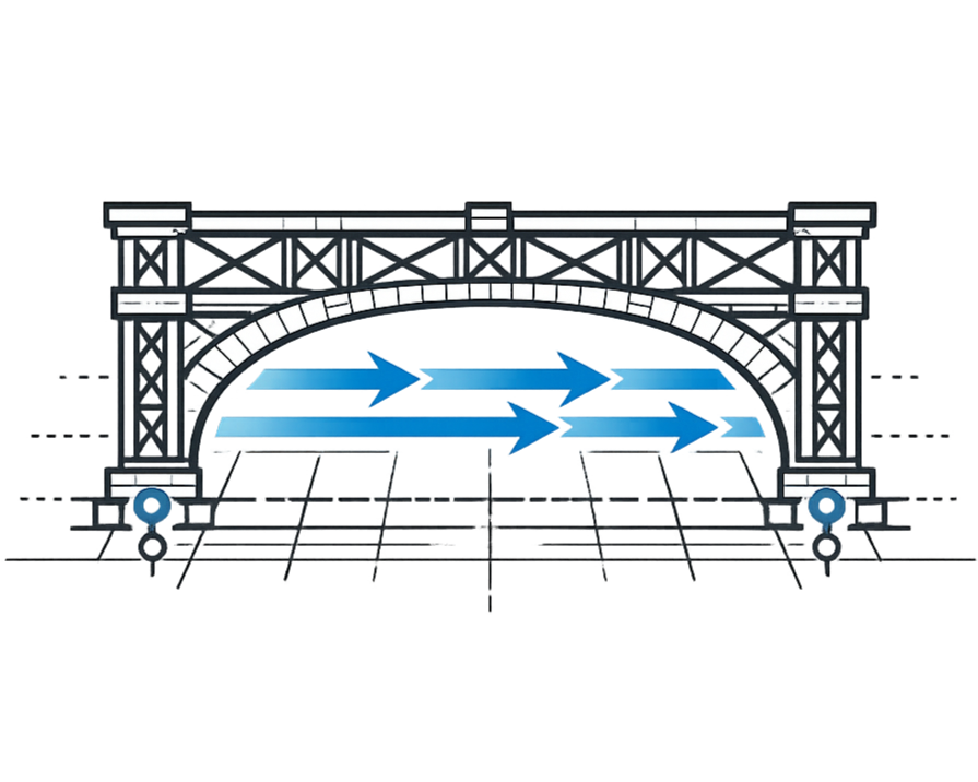 Diagram of a bridge with three blue arrows indicating airflow or movement through the structure.