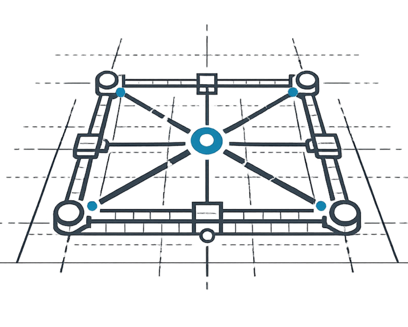 Diagram of a 3D geometric structure with interconnected nodes and lines, resembling a molecular or mechanical model.