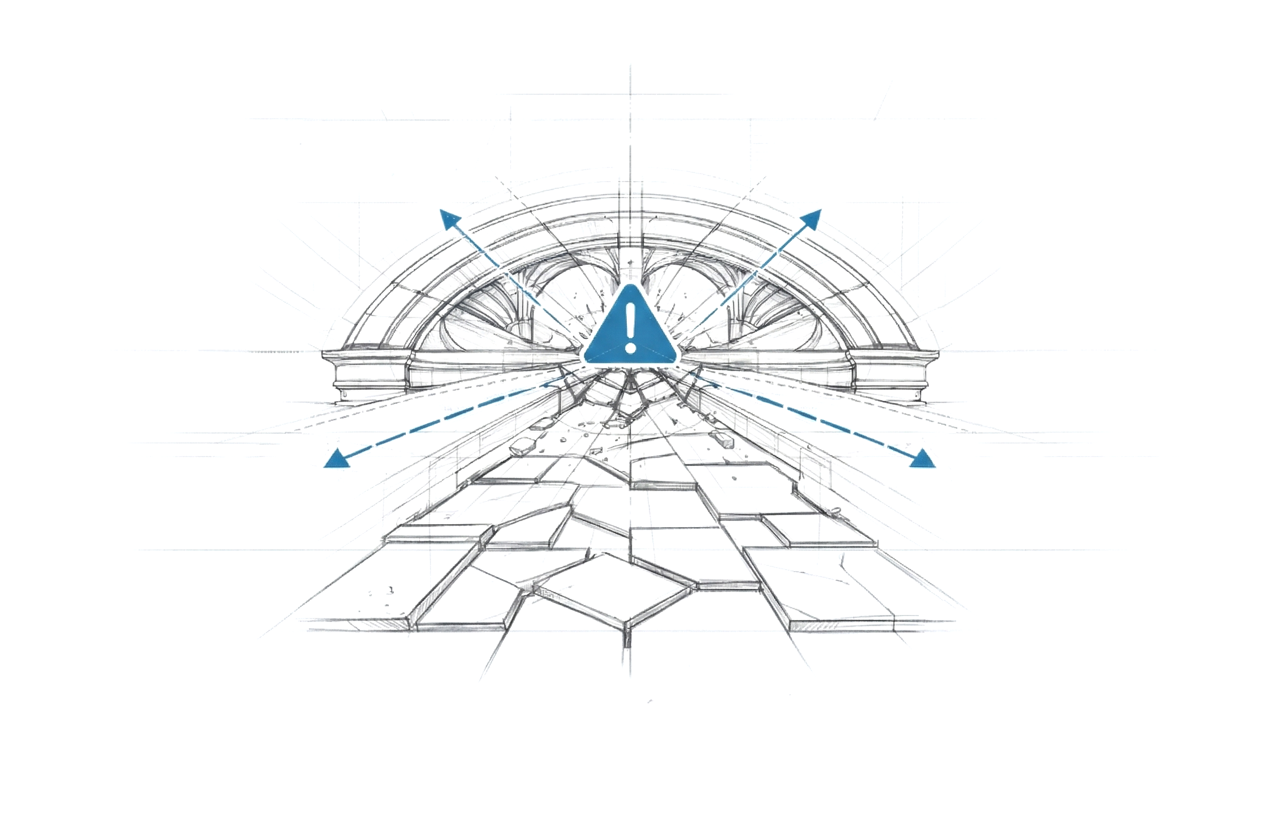Architectural blueprint of a tunnel with a warning exclamation mark in a triangle at the entrance, including lines and arrows indicating structural details.