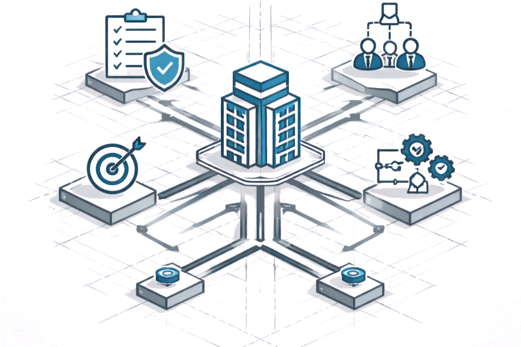 A digital illustration of a central server connected to various icons representing checklist, shield, target, team, gears, and robotic components, symbolizing network, data security, project management, teamwork, and automation.