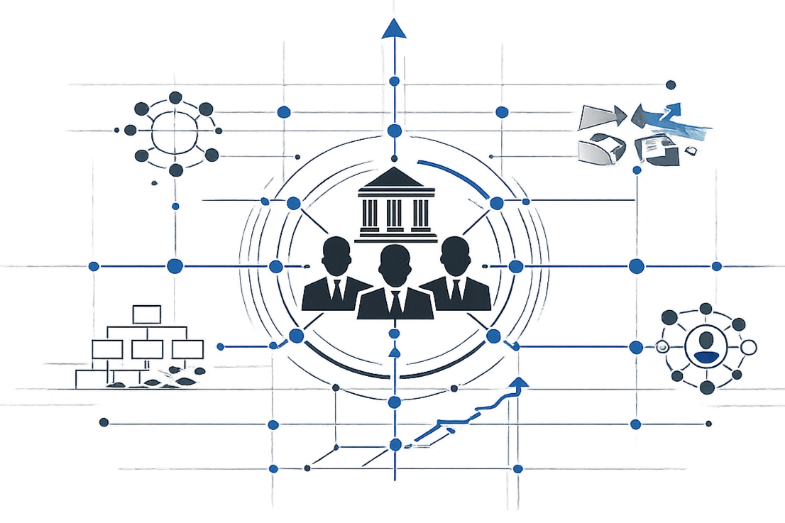 Illustration of business and technology concepts including three businesspeople, a government building, a network of connected icons representing data and communication, and transportation graphics.