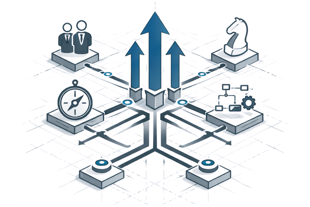 Diagram illustrating decision-making or strategic planning with icons of people, a chess knight, a clock, flowcharts, and arrows pointing upward.