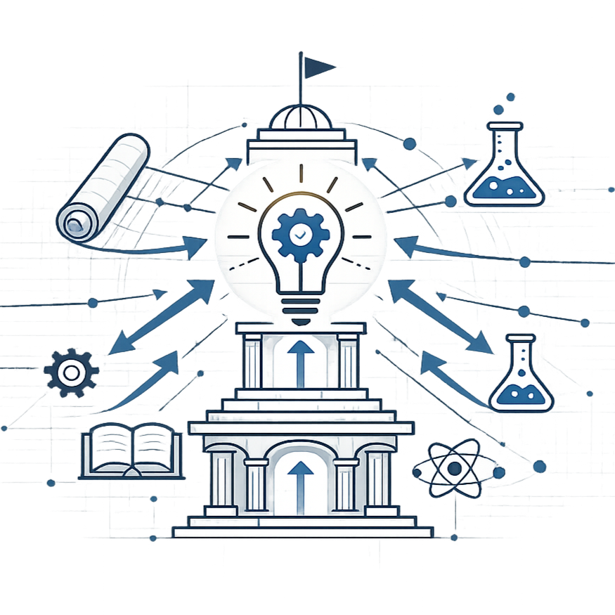 Illustration of scientific research and innovation symbols, including a laboratory flask, rolled paper, books, a light bulb with a gear inside, and various arrows and gears around a central structure, representing scientific progress and ideas.