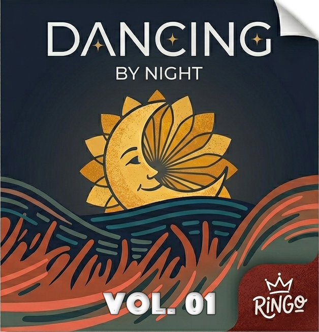 Das Bild zeigt ein Albumcover mit dem Titel "Dancing by Night, Vol. 01" und einem stilisierten Sonnen-Mond-Gemisch mit einem Gesicht, umgeben von Wellen und einer roten Ecke mit der Marke "Ringo".