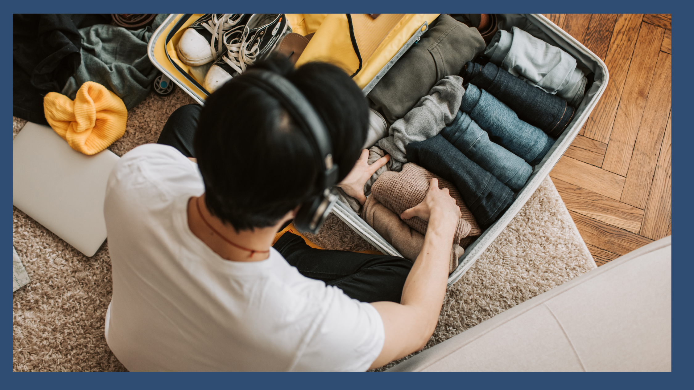 A teenager independently packing and organizing a suitcase for a trip, representing the executive functioning skills of anticipating needs, organizing materials, and self-monitoring