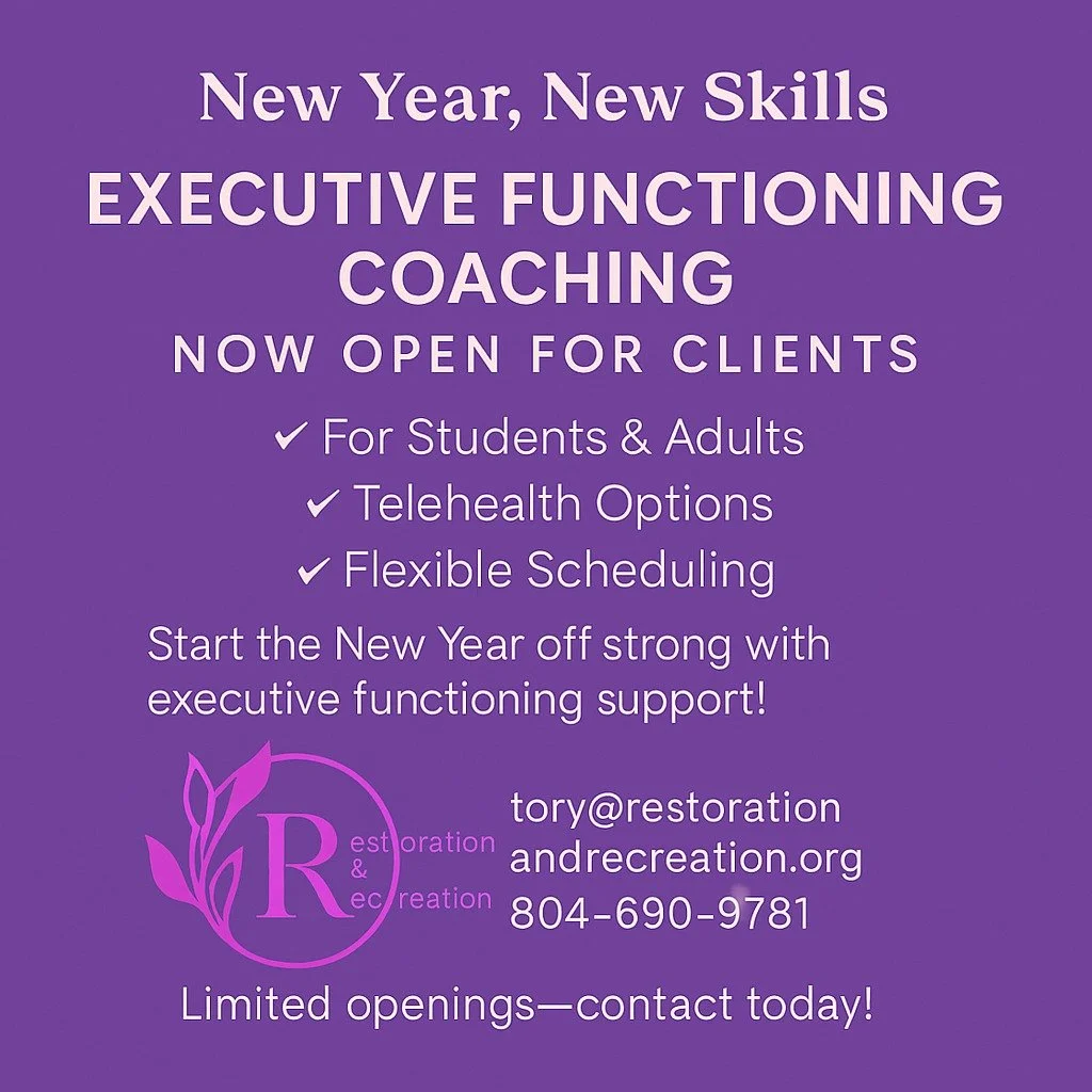 A purple advertisement with white and pink text promoting executive functioning coaching for clients, including students and adults. It highlights telehealth options, flexible scheduling, and includes contact information.