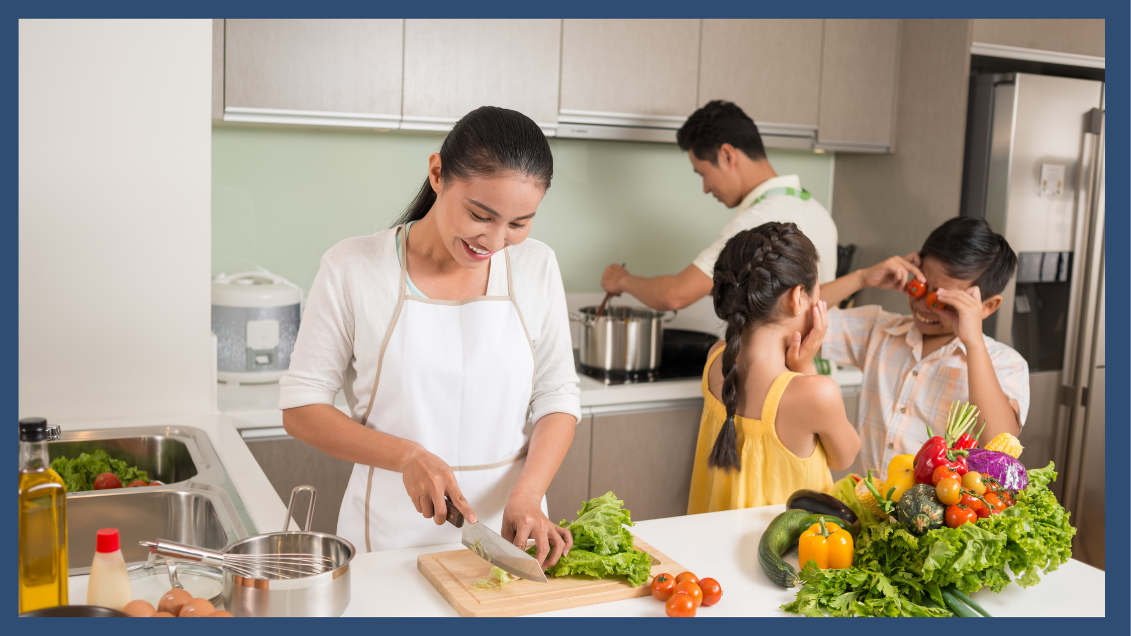 A family cooking together in a bright kitchen with fresh vegetables, representing meal planning as a fun and effective real-life activity for building executive functioning and planning skills in children