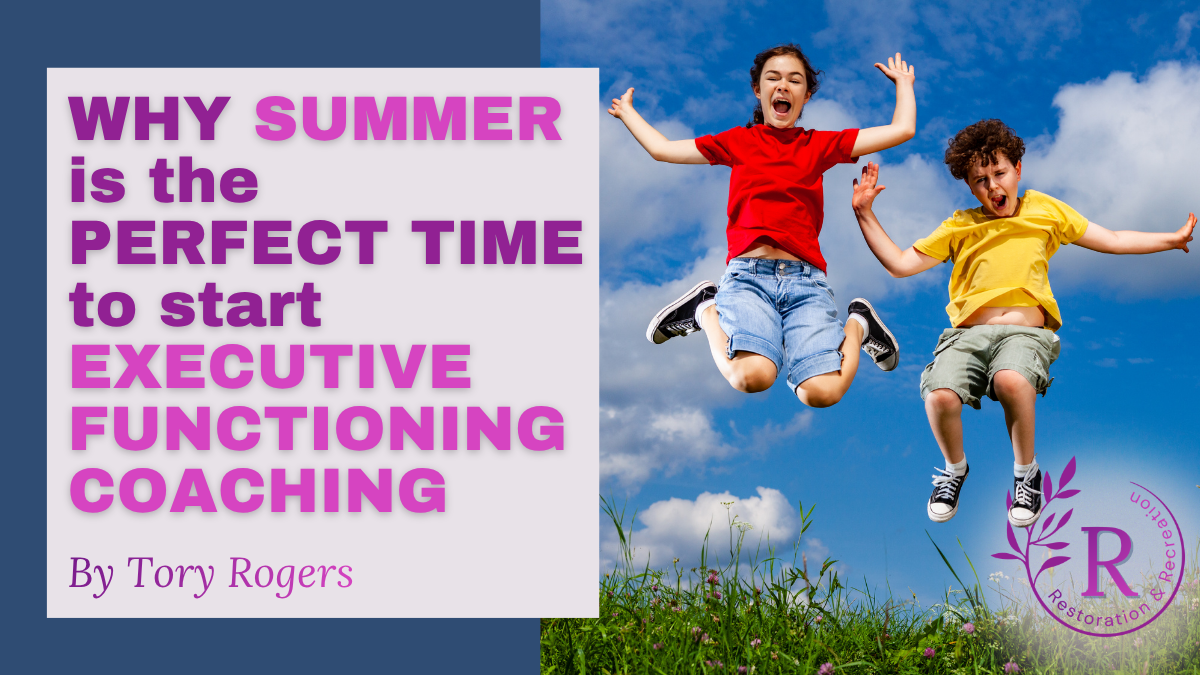 Two children jumping joyfully in a summer field alongside the blog title "Why Summer is the Perfect Time to Start Executive Functioning Coaching" by Tory Rogers of Restoration and Recreation.