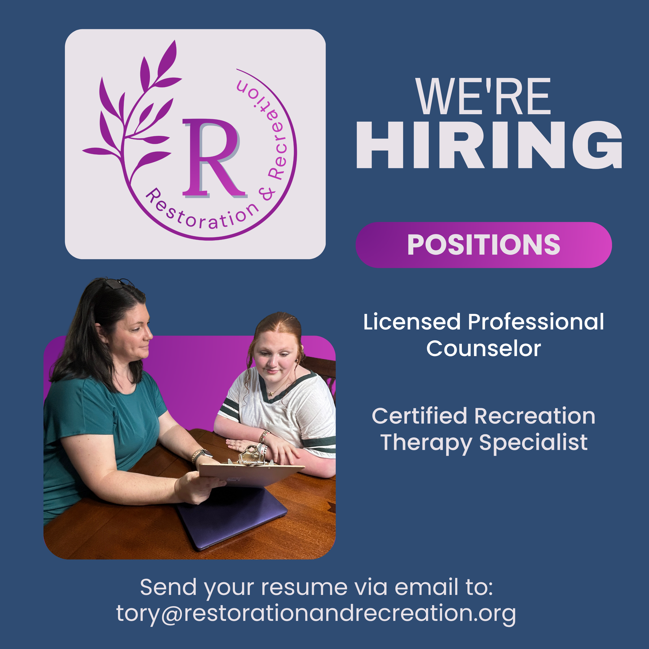 Restoration and Recreation hiring graphic for Licensed Professional Counselor and Certified Recreation Therapy Specialist positions in Virginia — join a compassionate, person-centered therapeutic services team