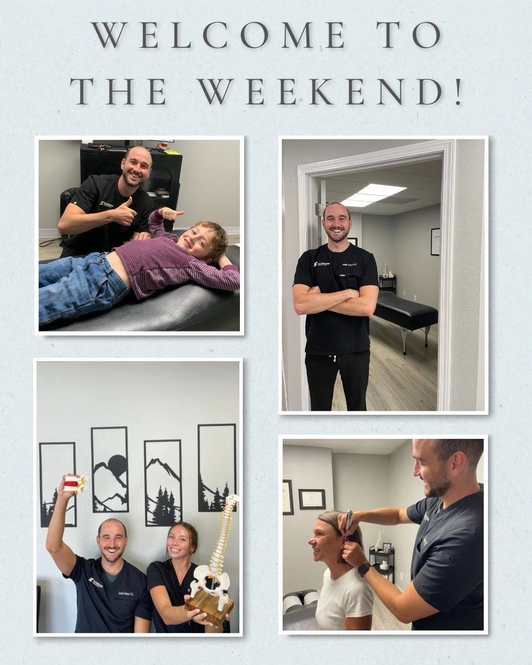 Welcome to the weekend! 
Take time to rest, recharge, and do something that makes your body (and spine!) feel good. 

We are here for you:
Monday-Thursday 9-1, 3-6, and Friday 9-1
515-461-3505
Elevationchiropracticankeny.com
#ankenyiowa #ankenychirop
