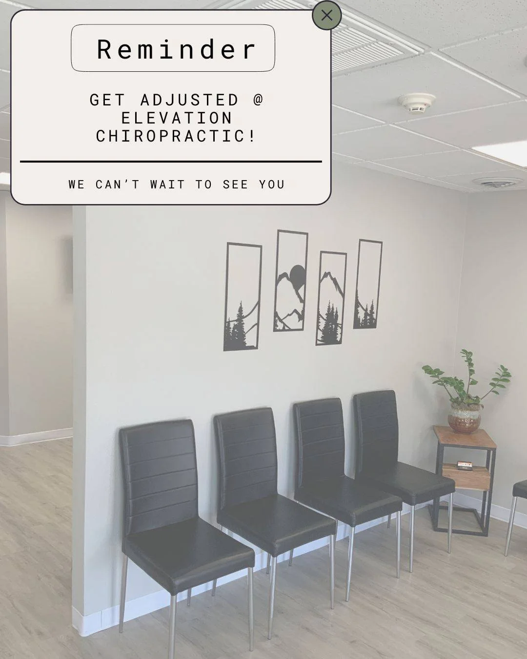 Don&rsquo;t forget to get adjusted and keep your body aligned!

We are here for you:

Monday-Thursday 9-1, 3-6, and Friday 9-1
515-461-3505
Elevationchiropracticankeny.com
#ankenyiowa #ankenychiropractor #familywellness #ankenywellness