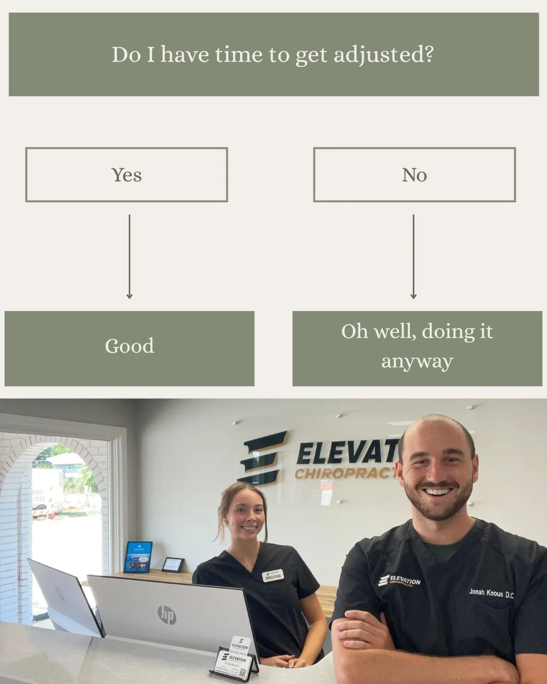 Short on time? No problem.
Our adjustments are quick (often under 5 minutes) while still being intentional and effective. Your schedule matters!

We can't wait to see you:
Monday-Thursday 9-1, 3-6, and Friday 9-1
515-461-3505
Elevationchiropracticank